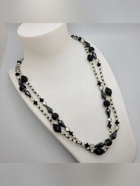Avon Long Black & Crystal Beaded Necklace — Faceted Glass, Lariat/Opera Length